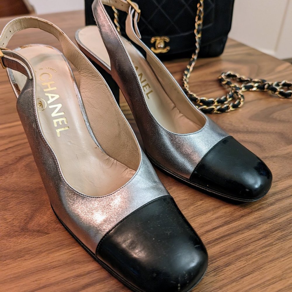 Vintage Chanel Silver Cap Toe Slingback Block Heel Pumps, Sz 36